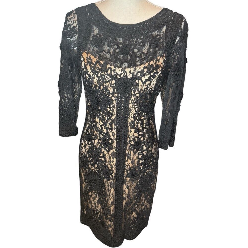 Sue Wong Black Heavily Embroidered Lace Dress Lined 3/4 Sleeve Cocktail Sz 10